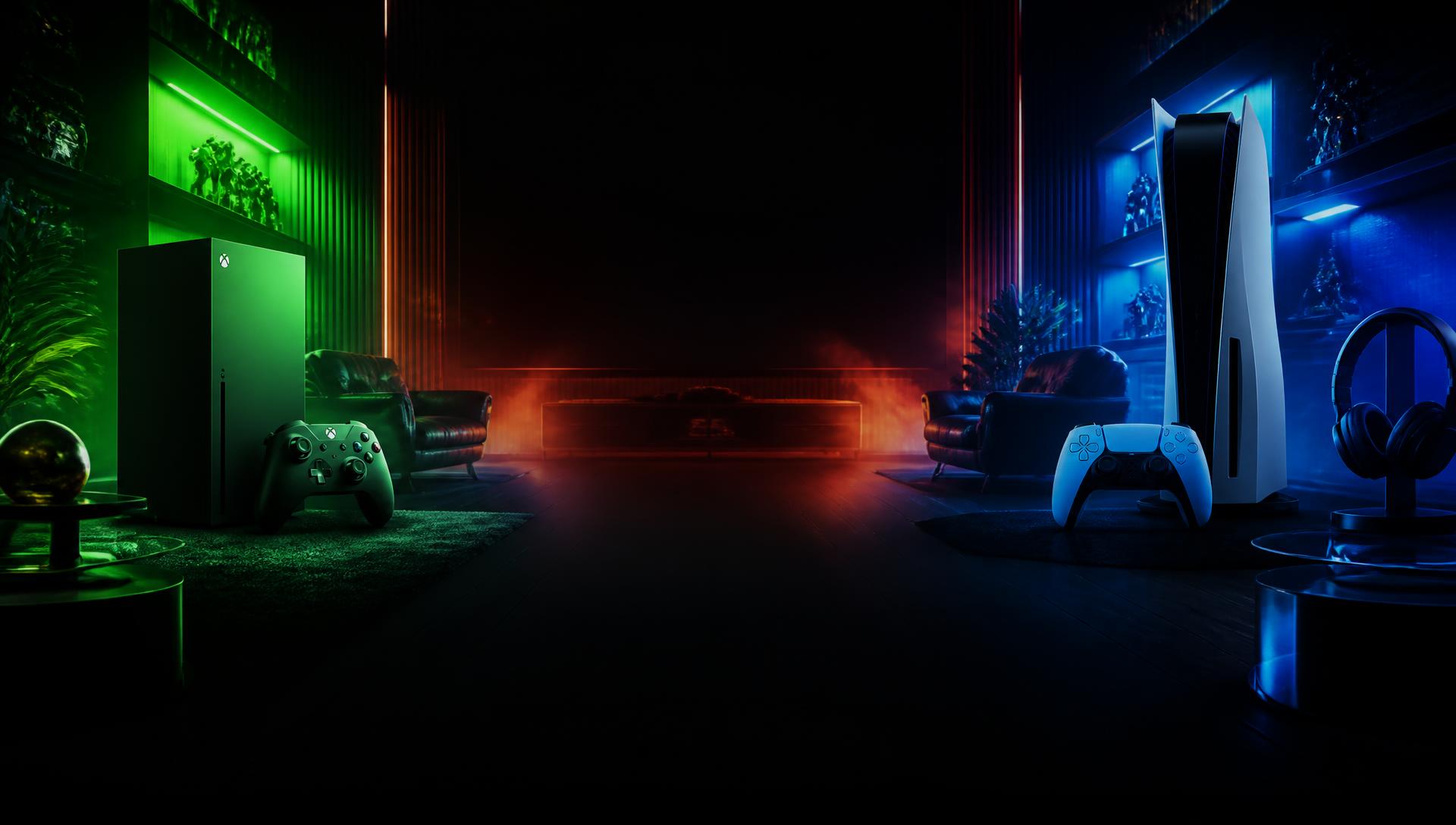 Consolas Xbox y PlayStation en un espacio gamer